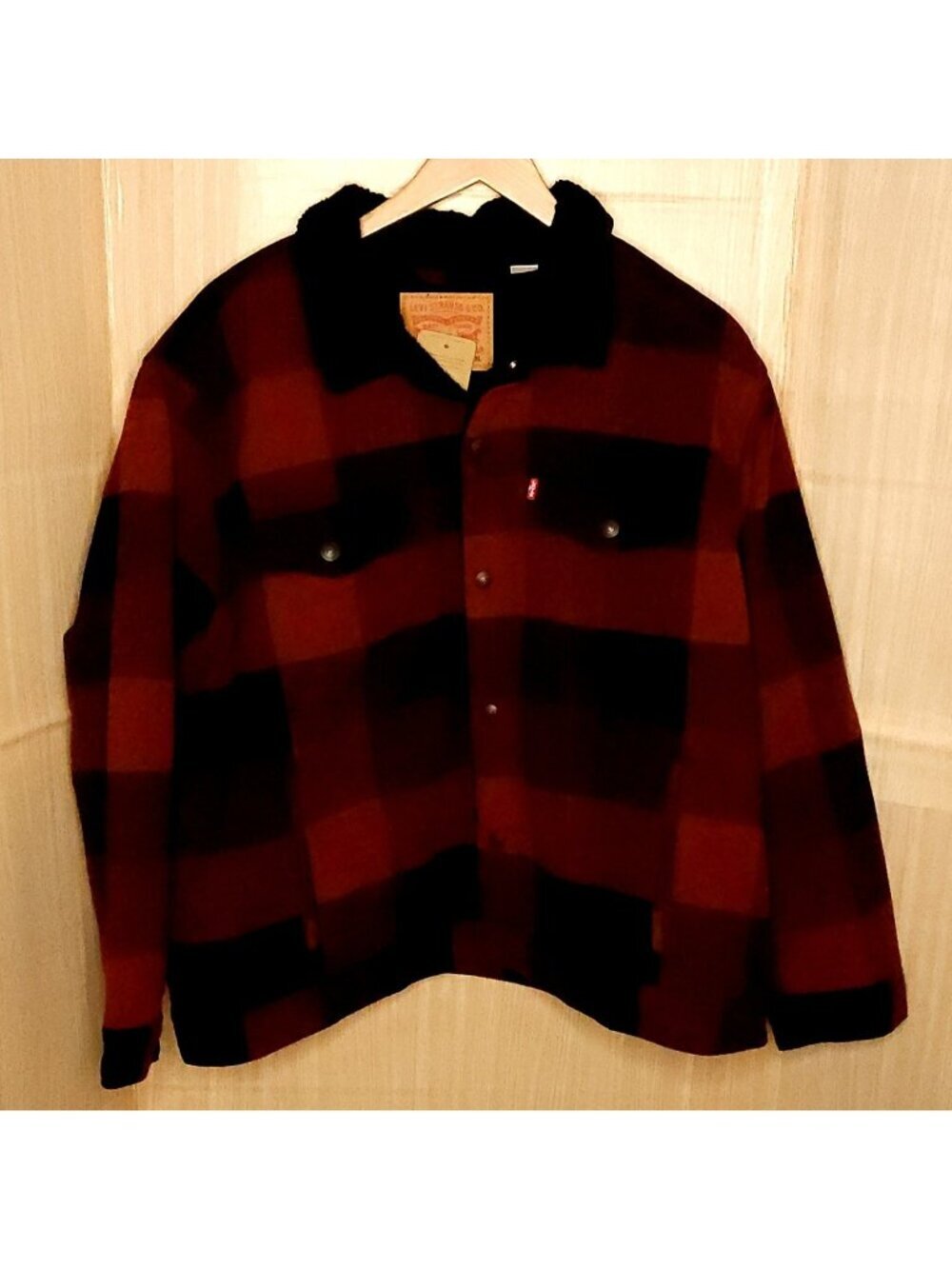 Levi's New Red Black Buffalo Check Plaid Heavyweight Shacket Jacket XL